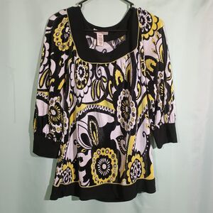 Black Yellow Paisley Blouse 3/4 Sleeve Scoop Neck Tunic Top